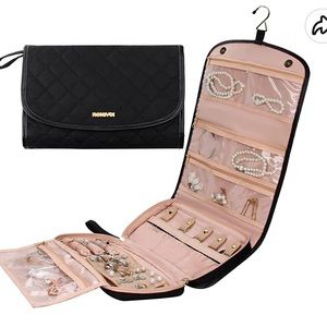 Hanging jewelry/makeup organizer.